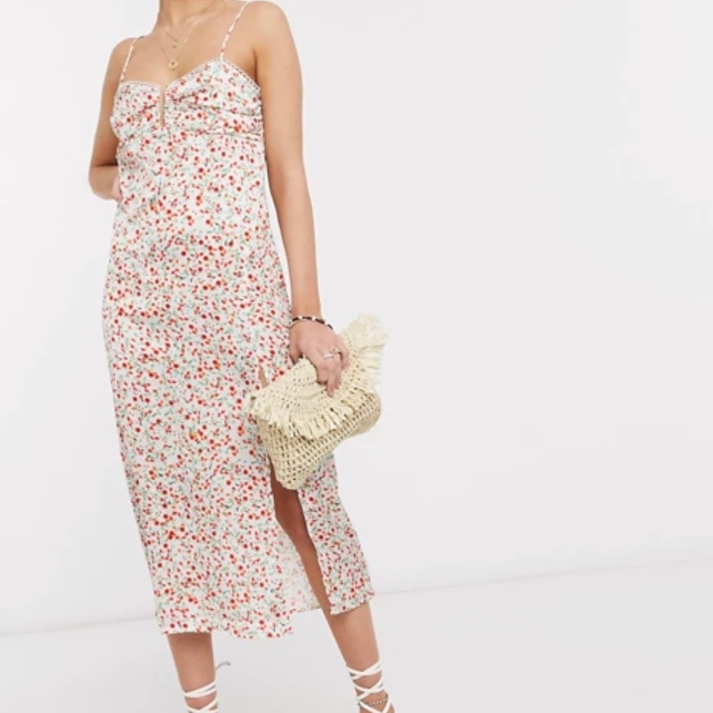 Skylar Rose U-Bar Floral MIDI Slit Dress Large White Pink, calf Length NWOT